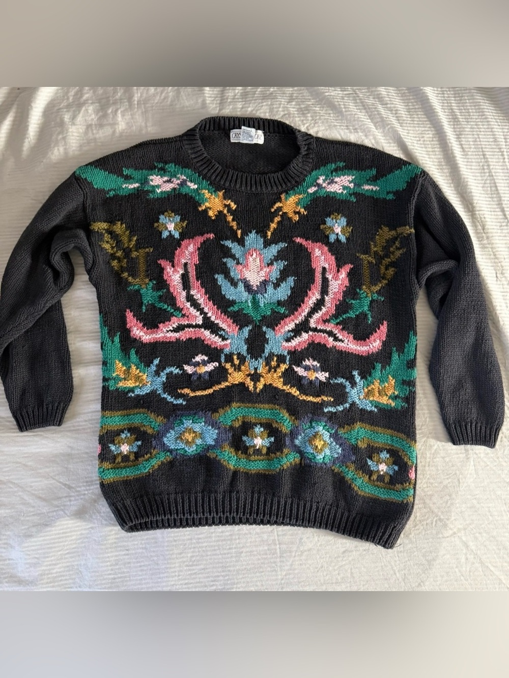 Crystal-Kobe Floral Tapestry Knit Sweater M Ramie Cotton Cottagecore Vintage